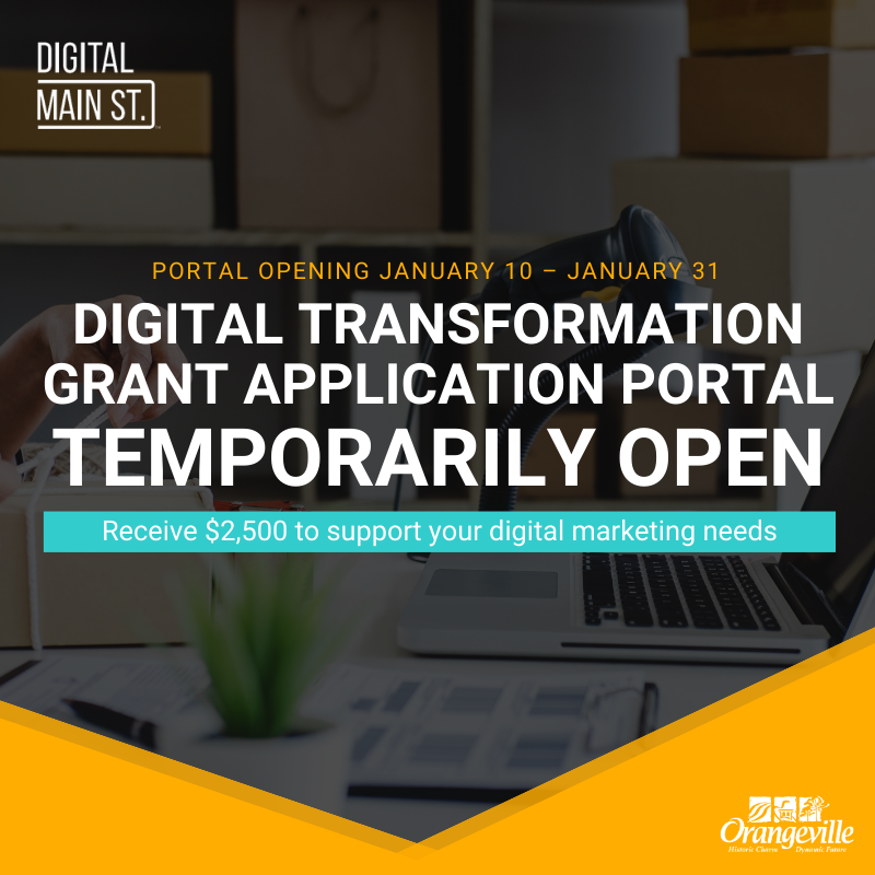 A graphic with two orange triangles in the bottom corners. The image behind them is dark grey and shows hands tying a package. The words over the top of the graphic read in white "Digital Transformation Grant Application Portal Temporarily Open". 